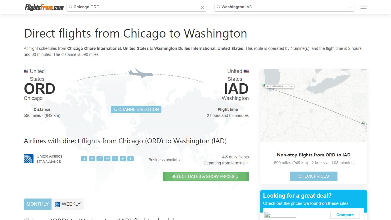 Direct (non-stop) flights from Chicago to Washington